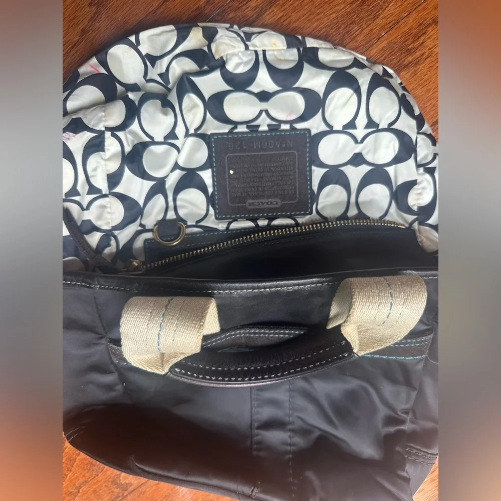 Coach Black Tote with Cream Canvas Handles and Teal Charm